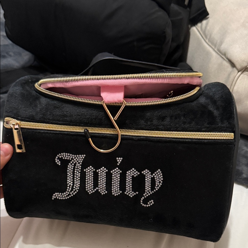 Juicy Couture Black Velvet Cosmetic Bag with Pink Lining
